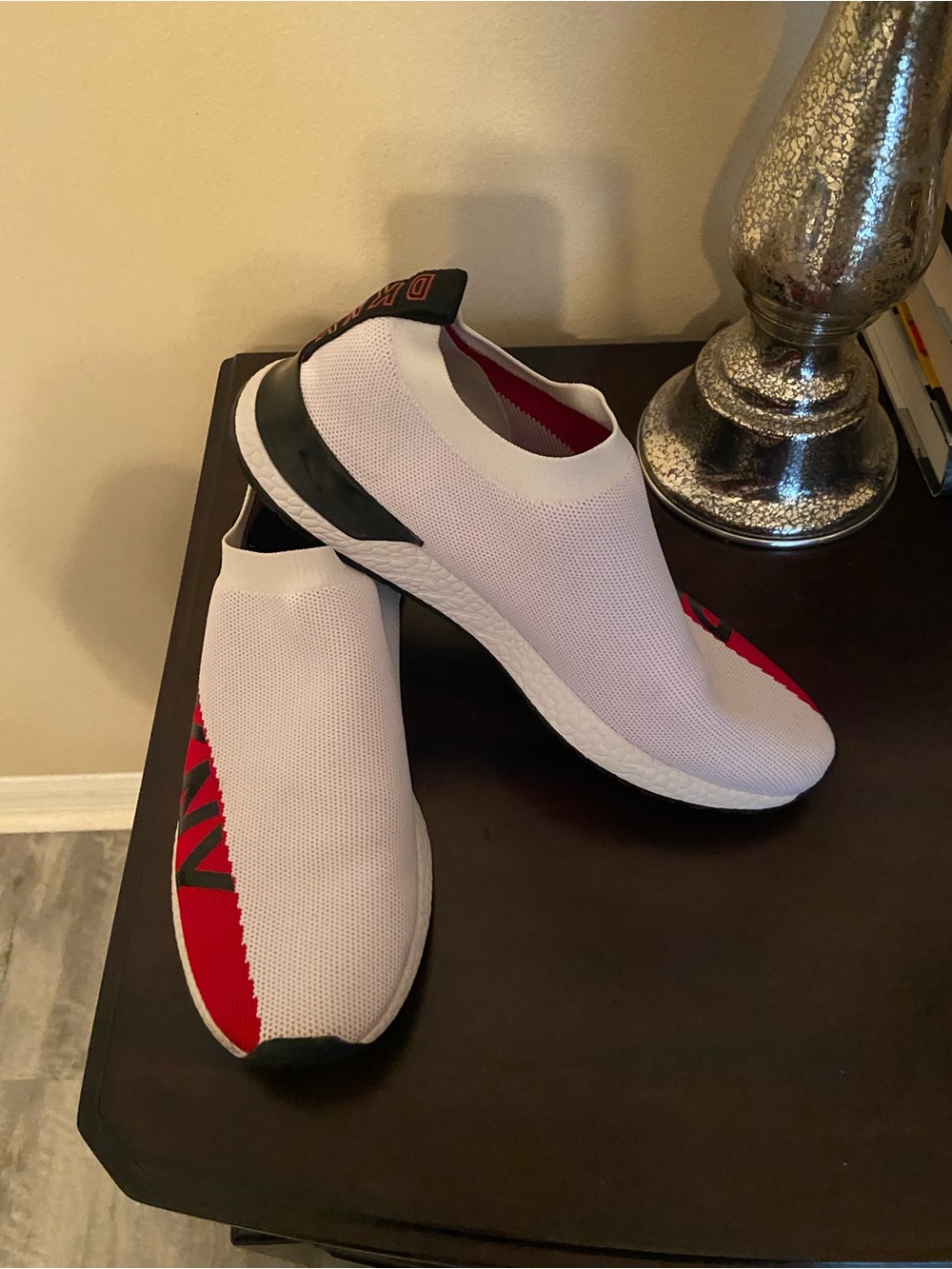 DKNY White Knit Slip-On Sneakers with Red Accents